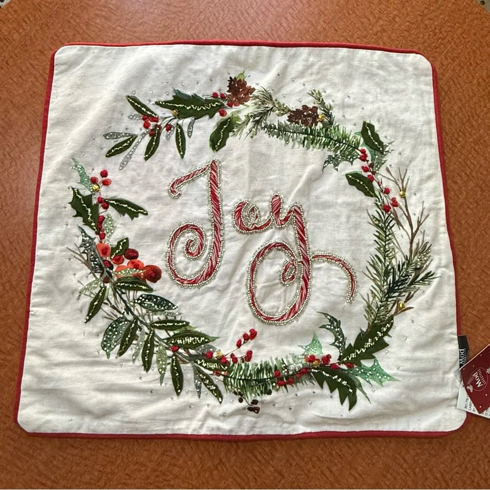 1pc MOD Lifestyles JOY Wreath Embroidery & Beads Christmas Pillow Cover 20X20